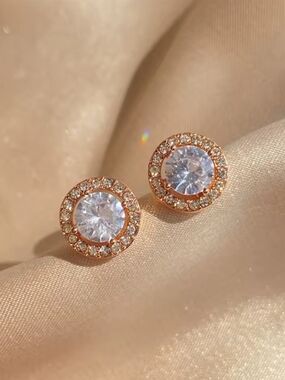 Elegant Rose Gold Halo Cubic Zirconia Round Stud Earrings - Women Jewelry